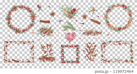 Winter and autumn aromatic spices with berries watercolor illustration clip art. Cinnamons sticks, star anise, cloves, sea buckthorn, cowberry frames, bouquets for hot drinks and Xmas baking. 119972464