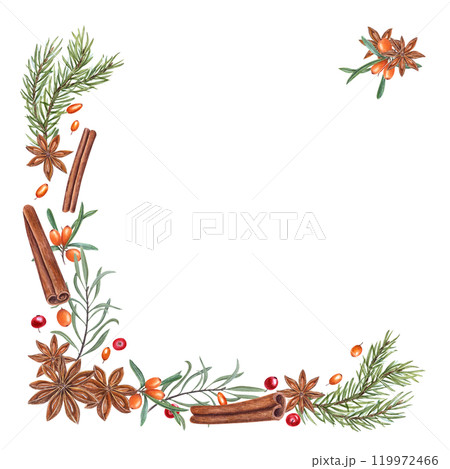 Winter cinnamons sticks, star anise, spruce branches, cowberries and sea buckthorn watercolor square frame. Aromatic natural ingredients for Xmas greeting cards design, Christmas and New year decor. 119972466