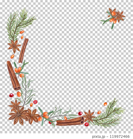 Winter cinnamons sticks, star anise, spruce branches, cowberries and sea buckthorn watercolor square frame. Aromatic natural ingredients for Xmas greeting cards design, Christmas and New year decor. 119972466