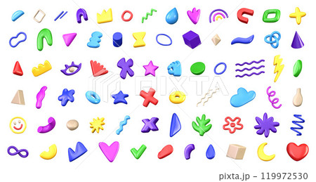 3D vector set of various bright abstract realistic shapes in 3d cartoon style. Different joyous decorative multicolored design element set isolated on a white background. 3D vector set of various bright abstract realistic shapes in 3d cartoon style. Different joyous decorative multicolored design element set isolated on a white background. 119972530