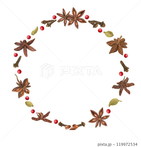Cardamom, star anise, clove,red peppers and cloves watercolor isolated round frame with copy space for text. Aroma winter spice ingredients for Xmas drinks design, menu decor, greeting cards. 119972534