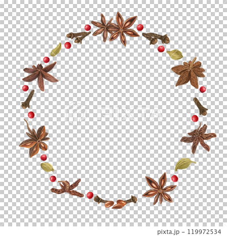 Cardamom, star anise, clove,red peppers and cloves watercolor isolated round frame with copy space for text. Aroma winter spice ingredients for Xmas drinks design, menu decor, greeting cards. 119972534