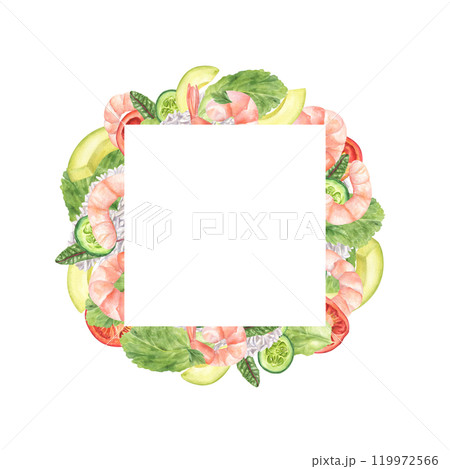 Shrimps, rice and fresh vegetables watercolor isolated square frame with empty space for text. Slices of tomato, cucumber, avocado with salad greens care food illustration for greeting, menu decor. 119972566