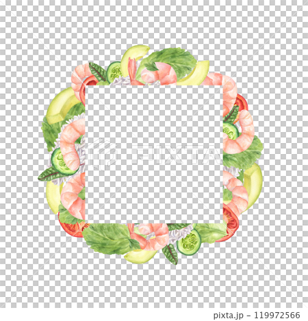 Shrimps, rice and fresh vegetables watercolor isolated square frame with empty space for text. Slices of tomato, cucumber, avocado with salad greens care food illustration for greeting, menu decor. 119972566