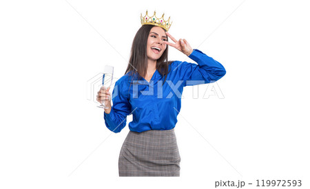 Successful businesswoman with crown. Business success and reward. Successful leadership leading business to success. Ambitious businesswoman in formalwear and crown. Cheering with champagne 119972593