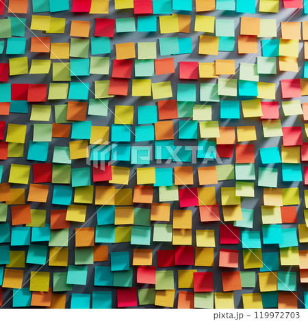 Burst of Color: A Wall of Randomly Arranged Sticky Notes 119972703