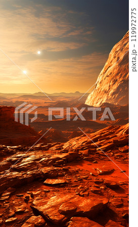 Martian landscape with rocky terrain reddish sky at sunset and distant mountains. Beauty of red planet concept 119972775