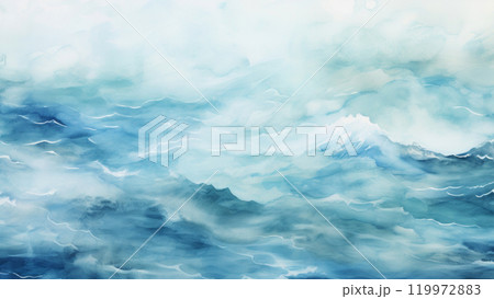 A soft watercolor background of a calm, flowing ocean with gentle waves in various shades of blue A soft watercolor background of a calm, flowing ocean with gentle waves in various shades of blue 119972883