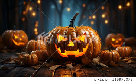 Orange large pumpkin with a carved scary face for Halloween 119973073