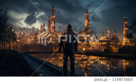 View from the back of a man against the background of an oil refinery with industrial equipment at night 119973083