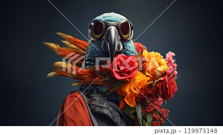 Anthropomorphic hyperrealistic cyberpunk African blue parrot bird character wearing glasses holding bouquet of red and yellow flowers on minimal dark background. Modern pop art illustration 119973148