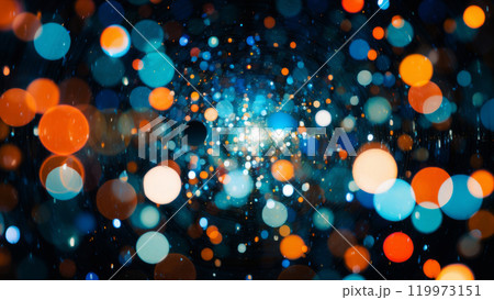 Abstract image of colorful blurred lights against a dark background. Orange blue white bokeh circles 119973151