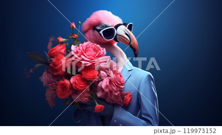Anthropomorphic hyperrealistic cyberpunk pink flamingo character wearing sunglasses holding bouquet of flowers on minimal blue background. Modern pop art illustration 119973152