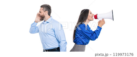 new business announcement. unsatisfied boss shout at manager isolated on white. businesspeople announce a problem. attention please. businesspeople with loudspeaker announce business. shout out loud new business announcement. unsatisfied boss shout at manager isolated on white. businesspeople announce a problem. attention please. businesspeople with loudspeaker announce business. shout out loud 119973176