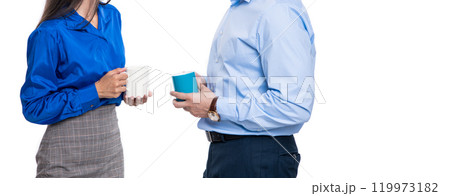 Businesspeople communicating with cup. Colleagues having business meeting. Corporate break of businesspeople. Coffee break in office. Business colleague at coffee break isolated on white. Busy work 119973182