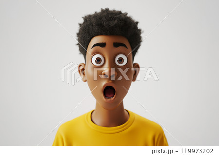 Surprised shocked scared African cartoon character young adult man male boy person portrait wearing yellow t-shirt in 3d style design on light background. Human people feelings expression concept 119973202