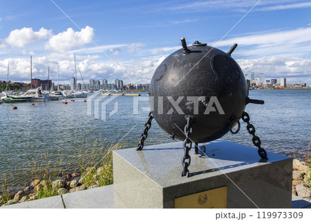Monument dedicated to the deminers at the Sea, Katajanokka, Helsinki, Finland, sunny summer day Monument dedicated to the deminers at the Sea, Katajanokka, Helsinki, Finland, sunny summer day 119973309