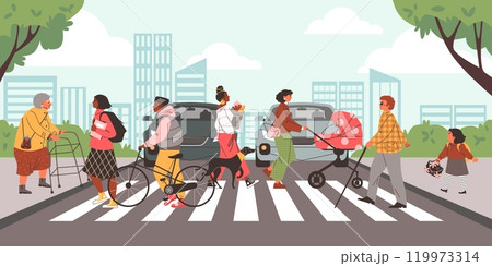 Pedestrians crossing street zebra, vector crowd of diverse people crossing road at crosswalk, transport traffic control 119973314