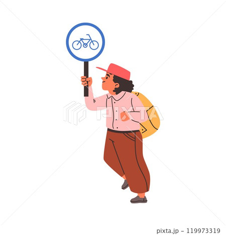 Vector illustration with a little girl holding a bicycle road sign on a white background Vector illustration with a little girl holding a bicycle road sign on a white background 119973319