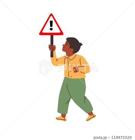 Child boy walking with road hazard warning sign holding exclamation mark, cartoon vector road rules safety crosswalk 119973320