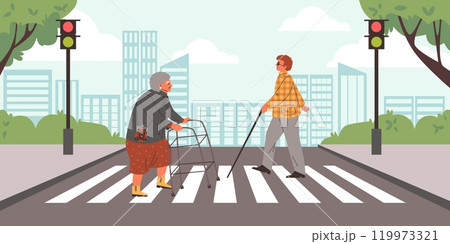 People safely cross the street at a crosswalk. 119973321