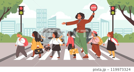 Teacher holding road sign stop and school kids cross the street by crosswalk, vector safety crosswalk with traffic light Teacher holding road sign stop and school kids cross the street by crosswalk, vector safety crosswalk with traffic light 119973324