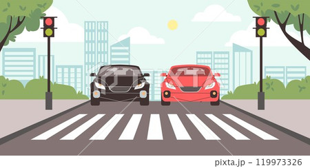 Cars waiting for traffic stop light on cityscape, vector cartoon safety crosswalk, automobile transport traffic control Cars waiting for traffic stop light on cityscape, vector cartoon safety crosswalk, automobile transport traffic control 119973326
