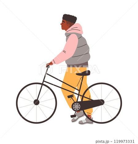Vector illustration of a teenage boy with a bicycle on an isolated white background. Vector illustration of a teenage boy with a bicycle on an isolated white background. 119973331
