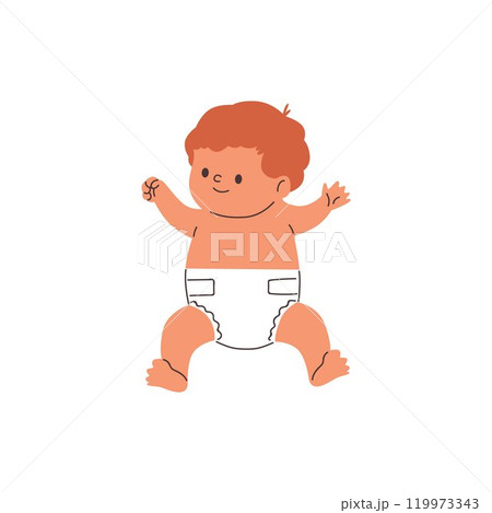 A cute boy in a diaper lies on his back. 119973343