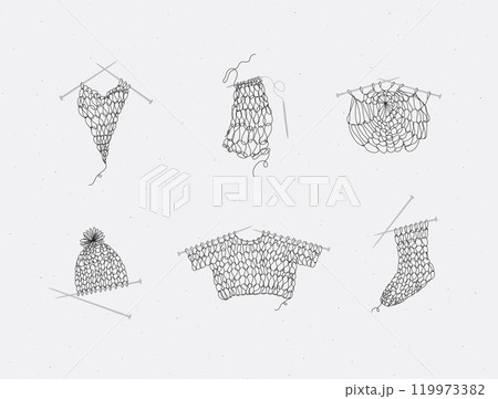 Knitting collection with needles and yarn beige bg 119973382