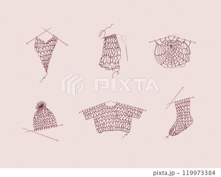 Knitting collection with needles and yarn pink bg 119973384