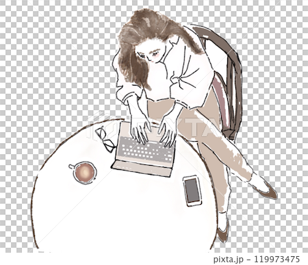 A woman working on a computer at a round table 119973475