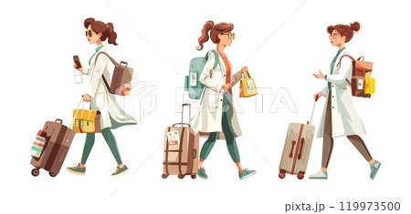 Traveling medic woman cartoon vector scenes. Female white coat glasses bag badge valise airport baggage paramedic aid expert journey travel departure aircraft voyage isolated illustrations 119973500