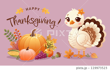 Charming Thanksgiving greeting card featuring a cute turkey with pumpkins, fall leaves, autumn fruit and vegetables  119973523