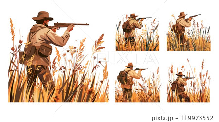 Hunter ambush cartoon vector scenes. Man firearm scope bush scavenging trap huntsman exploration grass leaves hiding foliage camouflage huntsman character, isolated on white background 119973552