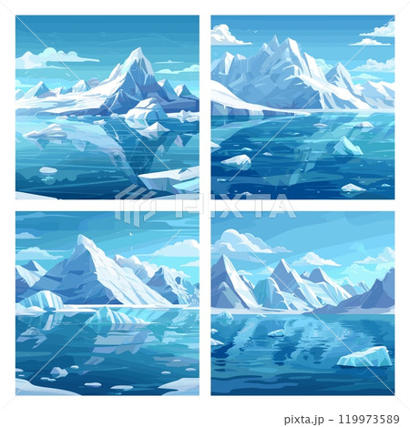 Cold ocean iceberg cartoon vector scenes. Snow...のイラスト素材 [119973589 ...