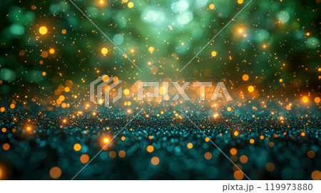 Abstract green background with glowing orange bokeh particles, creating a magical, festive atmosphere 119973880