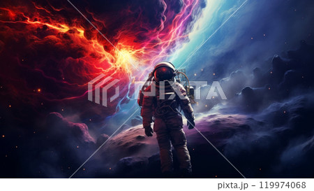 An astronaut person floats in space with a dramatic backdrop of swirling red purple and blue nebulae 119974068