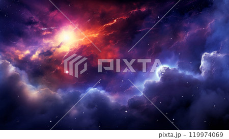 A vivid cosmic nebula in purple pink and blue colors glowing in clouds of gas and dust illuminated by starlight. Beauty of univerce concept 119974069