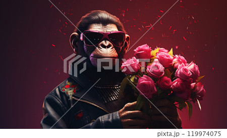 Anthropomorphic hyperrealistic cyberpunk gorilla animal character wearing sunglasses holding bouquet of flowers on minimal dark background. Modern pop art illustration 119974075