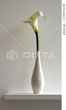 Single white calla lily flower in a glossy vase standing on a shelf against a minimal light wall. Elegant home decor 119974149