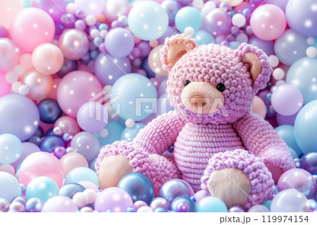A crocheted handmade bear toy in pastel light violet color sitting among colorful purple pink teal balls and air balloons. Birthday card celebration 119974154