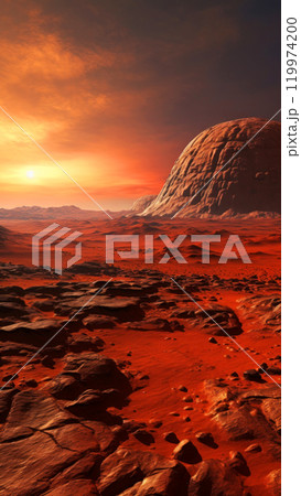 Martian landscape with rocky terrain and a reddish sky at sunset 119974200