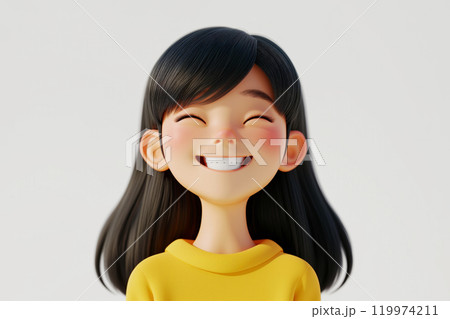Happy smiling laughing Asian cartoon character girl kid teenager young woman person portrait in 3d style on light background. Human people feelings expression concept 119974211