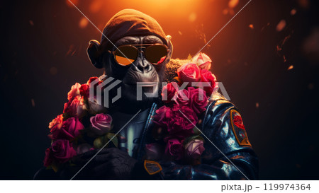 Hyperrealistic cyberpunk gentleman monkey animal character in sunglasses and leather jacket holding bouquet of flowers on minimal dark background. Modern pop art illustration 119974364