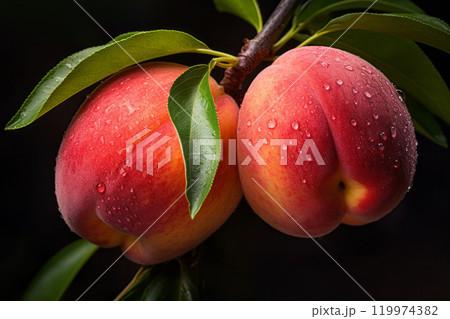 Closeup shot of two ripe peaches suspended from a branch of a peach tree in a sunny orchard. Delicious organic fruits concept Closeup shot of two ripe peaches suspended from a branch of a peach tree in a sunny orchard. Delicious organic fruits concept 119974382