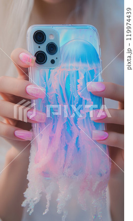 Jellyfish-themed phone case design with iridescent details 119974439