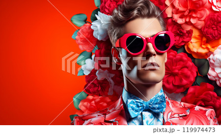 Contemporary pop art portrait of handsome man person in stylish blazer on a blooming flower red background. Modern drawing painting poster of fashionable vintage retro people 119974473