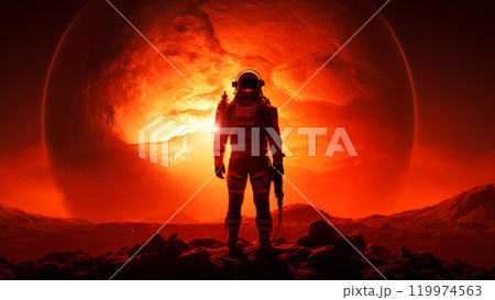 An astronaut standing on a rocky terrain with a giant red planet looming in the background An astronaut standing on a rocky terrain with a giant red planet looming in the background 119974563