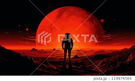 An astronaut stands facing a gigantic red planet on a desolate alien landscape under a crimson sky 119974564